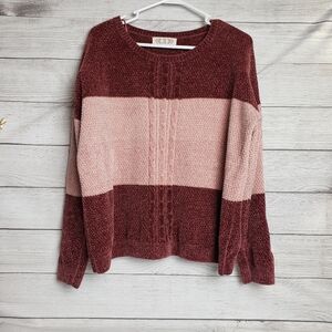 Pink Rose Women Color Block‎ Chenille Soft Sweater Sz XL